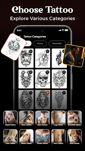 Choose Tattoo screen showing grid of tattoo designs and body placement categories including Arms, Shoulder, Leg