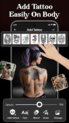 Add Tattoo feature displaying woman's back with opacity slider and editing tools for tattoo placement