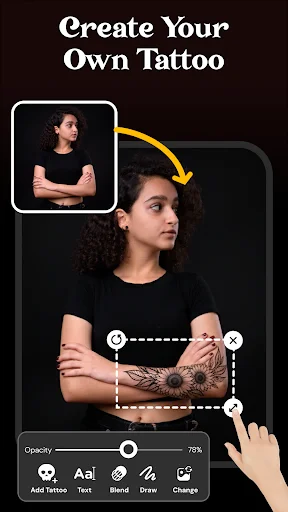 Create Your Own Tattoo interface showing front and back person views with placement controls and adjustment guides