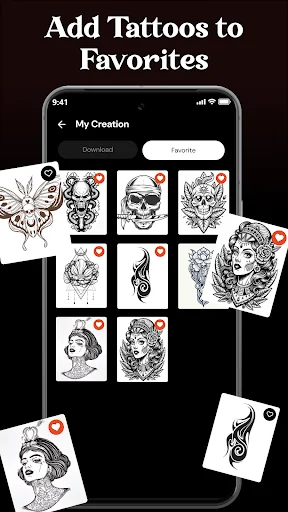 My Creation favorites section with saved custom tattoo designs marked with heart icons for bookmarking