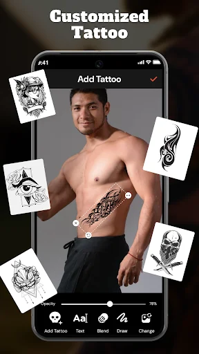 Customized Tattoo application showing multiple designs applied to male model with full editing toolbar access