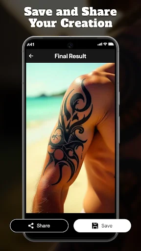Final Result screen displaying completed tribal tattoo on arm with Share and Save buttons for social sharing