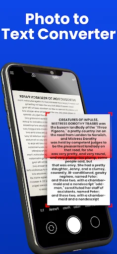 Screenshot of Photo to Text Converter app showing smartphone scanning document with highlighted extracted text and camera interface