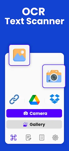 OCR Text Scanner app home screen with Camera and Gallery options plus cloud storage integration for Google Drive and Dropbox