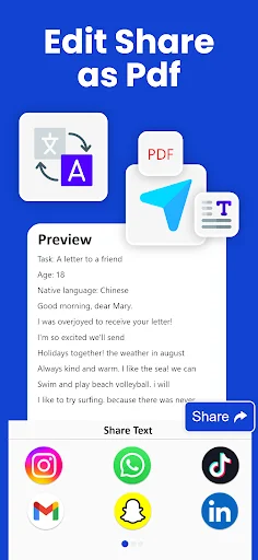 Edit and PDF conversion feature showing scanned text preview with sharing options for Instagram, WhatsApp, TikTok, and email