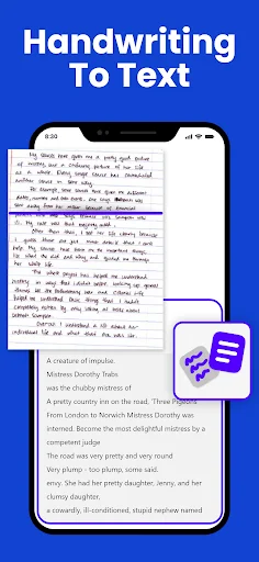 Handwriting to Text feature demonstrating conversion of handwritten diary notes to digital searchable text on smartphone