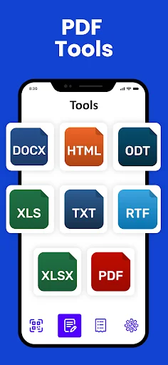PDF Tools format converter menu offering multiple output formats including DOCX, HTML, ODT, XLS, TXT, RTF, XLSX, and PDF