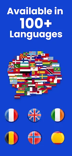 Language support indicator displaying world map made of country flags showing Text Scanner app available in 100+ languages