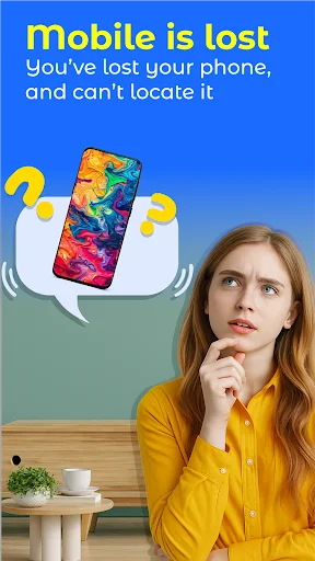 Mobile Lost onboarding screen with confused woman and colorful phone illustration surrounded by question marks to locate lost mobile devices