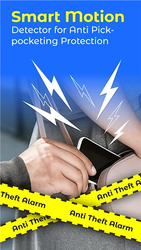 Smart Motion Detector feature screen displaying hands holding phone with lightning bolts and yellow caution tape for anti pick-pocketing protection