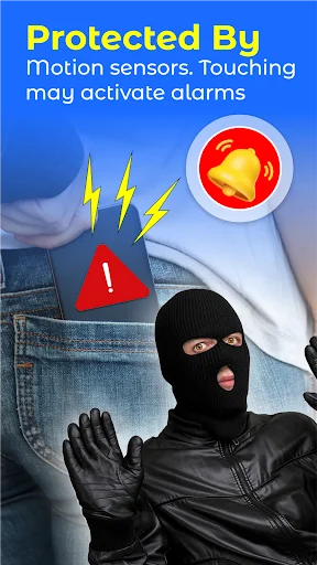Protected By Motion Sensors screen showing thief in black mask with red alert icon and ringing alarm bell to activate touch-triggered security alarms
