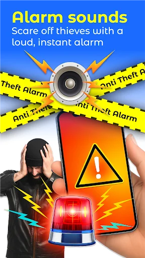Alarm Sounds feature with thief icon, phone screen showing warning triangle, central alarm speaker with yellow lightning to scare off thieves instantly