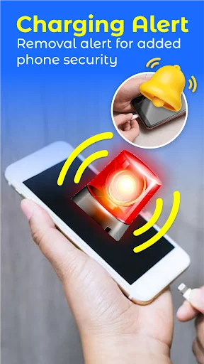 Charging Alert screen showing hand holding phone with yellow charger icon and red glowing alarm lights for phone removal security notifications