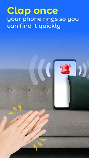 Clap Once feature displaying hand clapping with lightning effects and phone on couch with red bell icon to find phone by clapping sound activation