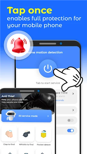 Tap Once setup screen showing smartphone interface with motion detection toggle, tap to start service button, and app features for full phone protection