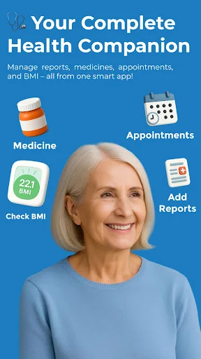 Medicine Reminder app homepage with health features: medicine tracker, appointments, BMI check, and medical reports