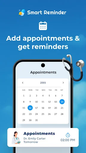 Appointment scheduler with calendar view showing doctor visit reminders and upcoming appointments with specific times and doctor information
