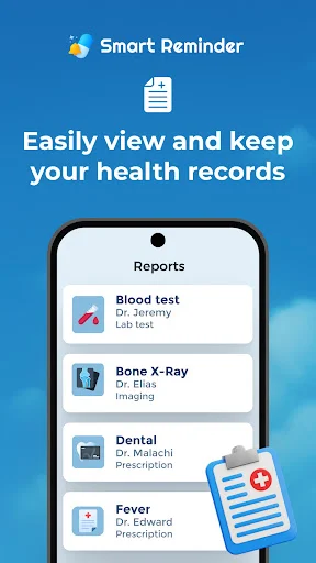 Health records viewer displaying organized medical reports including blood tests, X-ray imaging, dental records, and prescription history