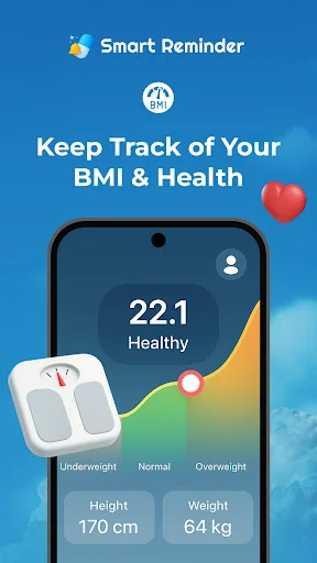 BMI tracker showing healthy weight indicator at 22.1 with personal measurements including height 170cm and weight 64kg tracking