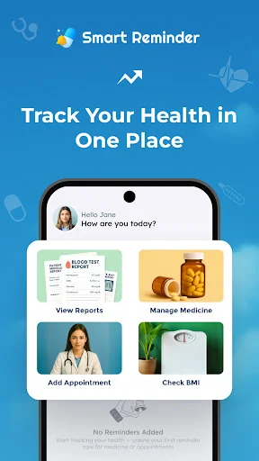 Medication Tracker home screen showing quick access dashboard with options to view health reports, manage medications, add appointments, and check BMI