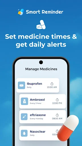 Medicine management interface displaying daily medication reminders with scheduled times for Ibuprofen, Ambroxol, Oftriaxone, and Nasoclear doses