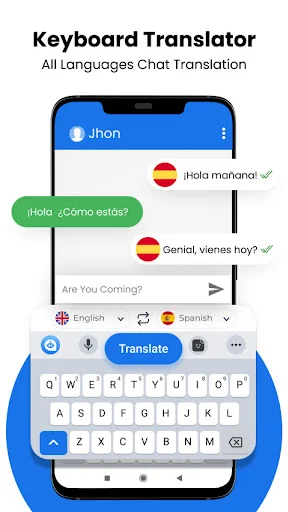 Translator Keyboard app showing Spanish-English chat translation with QWERTY keyboard and translate button for messaging