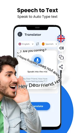 Speech to Text feature converting voice to text in translator app with microphone input and multilingual translation