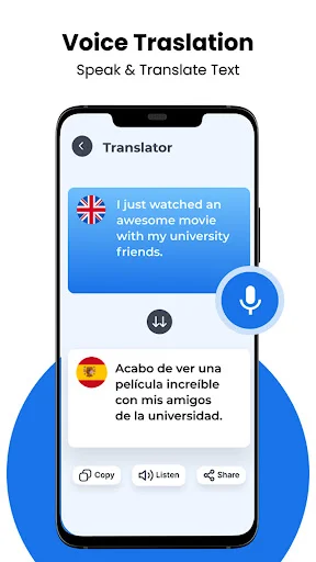 Voice Translation screen showing English to Spanish translation with audio playback and share options for conversations