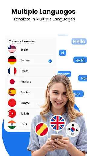 Multiple Languages selection screen displaying English, German, French, Japanese, Spanish, Chinese, Turkish, Hindi flags