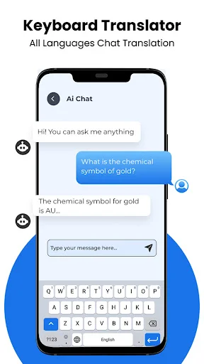 AI Chat translator showing chemistry question about gold symbol with keyboard interface for educational conversations