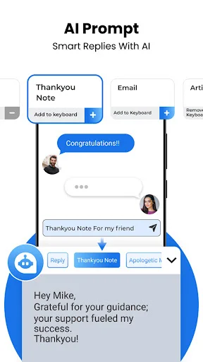 AI Prompt feature with smart reply suggestions and thank you note templates for automated multilingual responses