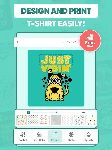 T-shirt design interface showing editable artwork with design tools for color, texture, stroke, opacity, and print functionality