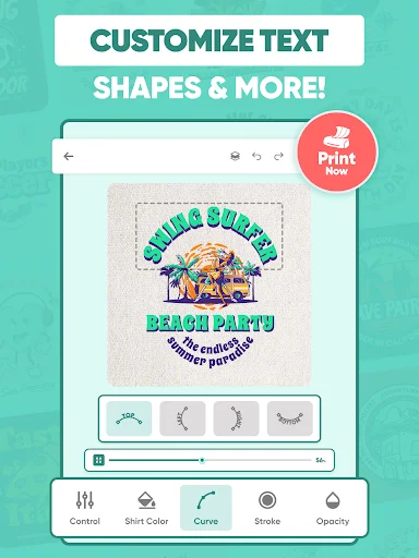 Customizable t-shirt design editor with text and shape tools, curve adjustment options, and live design preview display