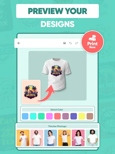 T-shirt mockup preview with color palette selector, showing custom design placed on shirt and model showcase wearables
