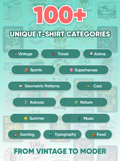 100+ t-shirt design categories including Vintage, Travel, Anime, Sports, Superheroes, Animals, Nature, Music, and more themes
