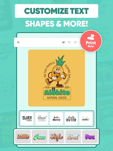 T-shirt design customization panel with multiple text font styles, colors, and typography options for personalized designs