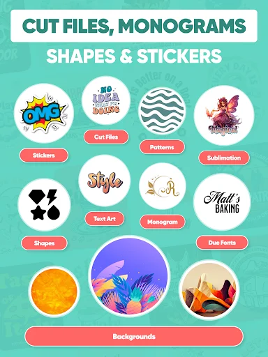 Design asset library featuring cut files, monograms, stickers, patterns, text art, shapes, and decorative background elements