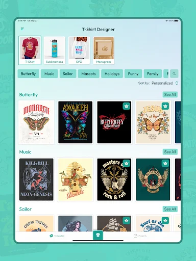 Browsable t-shirt design collection with category filters by theme, sorting options, and thumbnail design previews displayed