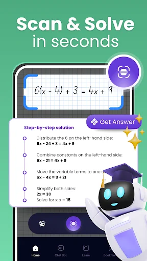 Tutor AI math scanner app showing equation 6x - 4r + 3 = 4x + 9 with step-by-step algebraic solution steps