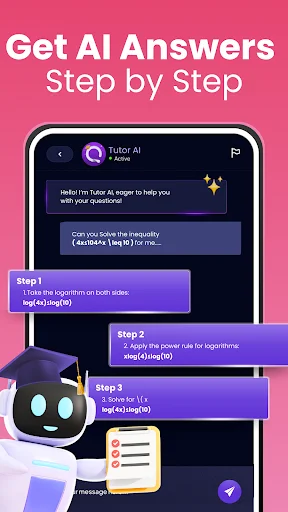 Math AI tutor app displays numbered step-by-step solutions to inequality problem with detailed explanation steps