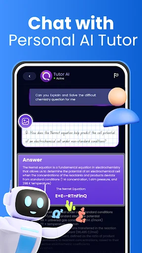 Tutor AI chat interface showing conversation about chemistry questions with AI tutor providing detailed answers