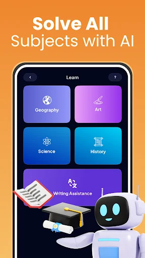 Tutor AI Learn page showing subject cards for Geometry, Art, Science, History, and Writing Assistance tutoring