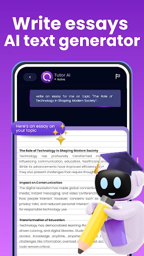 AI text generator showing essay writing example on technology's role in modern society for homework help