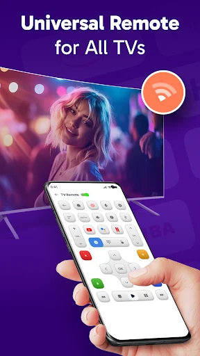 Universal remote control app for all TVs shown on smartphone with colorful button interface and WiFi connectivity icon