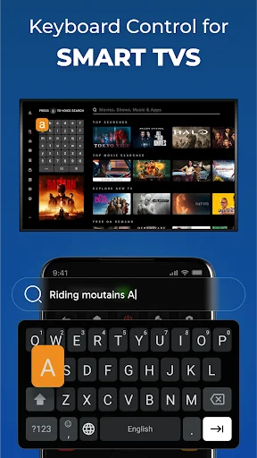Keyboard control for smart TVs with search bar and QWERTY keyboard visible on smartphone controlling TV streaming apps
