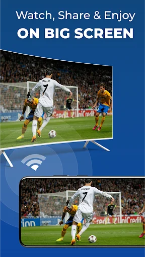 Watch and enjoy on big screen feature showing live soccer football match displayed across large TV screen