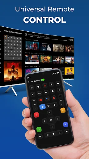 Universal remote control showing physical remote with multiple buttons including power, volume, channels, and colored buttons for TV control