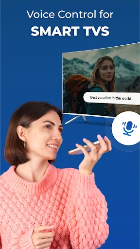 Voice control for smart TVs with woman speaking and microphone icon controlling TV with mountain landscape content