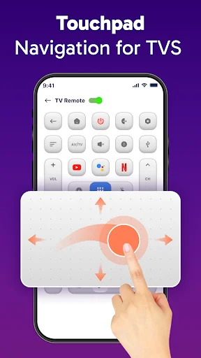Touchpad navigation feature for TV control displaying directional arrows and finger gesture input on smartphone screen