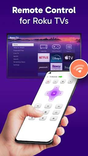 Roku TV remote control app showing purple touchpad interface on smartphone with Netflix and Disney+ visible on TV screen